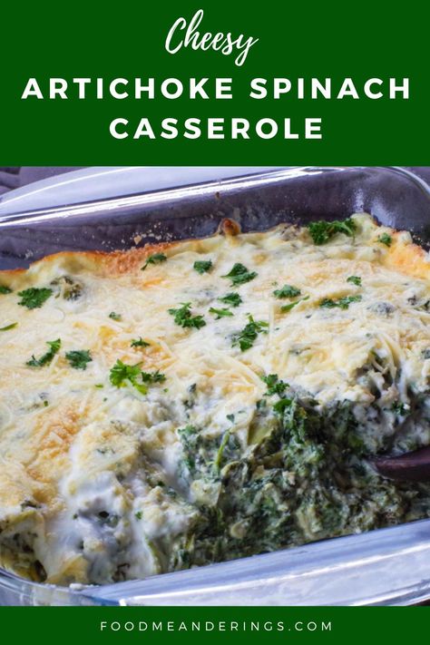 spinach artichoke casserole with some missing and wooden spoon in empty space Spinach Artichoke Casserole, Canned Artichoke, Artichoke Casserole, Shrimp Casserole, Spinach Bake, Spinach Casserole, Slow Cooker Casserole, Cheesy Spinach, Canned Artichoke Hearts