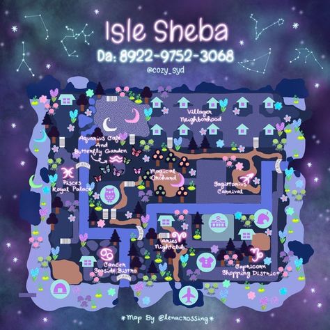 Animal Crossing Astrology, Animal Crossing Moon Island, Acnh Zodiac Designs, Acnh Fairy Designs, Acnh Celestial Design, Acnh Celestial, Kawaii Island, Fairy Island, Dream Address