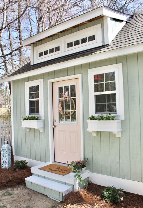 She Shed Exterior – The Happy Door Shed With Bathroom, She Shed With Bathroom, She Shed Exterior Ideas, She Shed Exterior, She Shed Makeover, Shed Exterior, Bathroom Tiny House, Shed Exterior Ideas, Bathroom Tiny