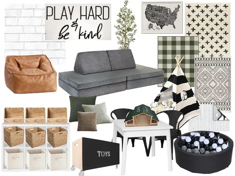 Modern Farmhouse Playroom Ideas, Black And Wood Playroom, Playroom Modern Decor, Farmhouse Toy Room, Modern Rustic Playroom, Black Couch Playroom, Black White And Green Playroom, Modern Farmhouse Loft Space, Modern Playroom Design