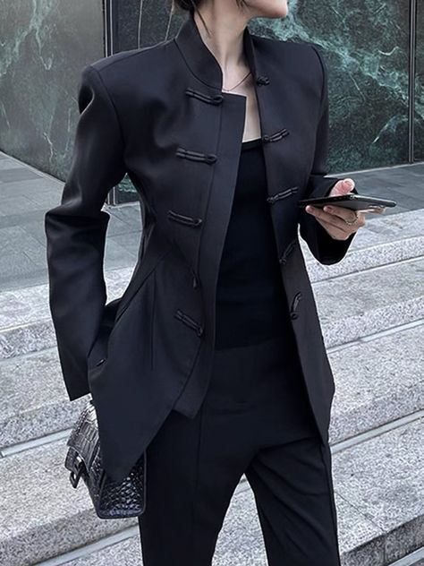 Affordable price buy Jacket on Stylewe, SPU: 113JA9S14DB, Color: Black, Elasticity:No Elasticity, Style:Urban. Sleek Clothing, Tops Women Fashion, Chinese Outfits, Estilo Tomboy, Stand Collar Jacket, Woman In Suit, Women Fashion Casual, Mode Costume, Stand Collar Jackets