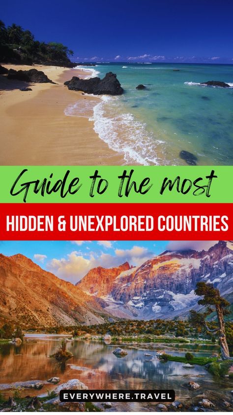 Tropical beach and mountain landscape illustrating hidden and unexplored countries guide. Country Bucket List, Off The Beaten Path Travel, Travel Places To Visit, Hidden Places, Countries In The World, Travel Brochure, Unique Experiences, Off The Beaten Path, Hidden Gem