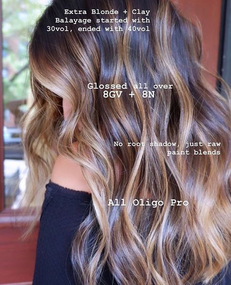 Hair Color - Damage Free 🌱 on Instagram: “The perfect road map for the fall balayage you’re looking for 🍁  #glossgetter: @colour.jade” Oligo Calura Gloss Formulas, Root Smudge Brunette, Spring Highlights, Shades Formulas, Redken Formulas, Toner Formulas, Hair Formulas, Fall Balayage, Root Smudge