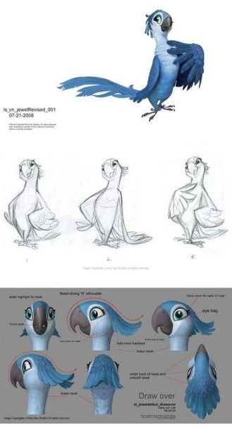 Animal Model Sheet, Rio Concept Art, Blue And Jewel Rio, Rio Sketch, Rio Animation, Bird Concept Art, Rio Movie Characters, Rio Characters, Rio Illustration