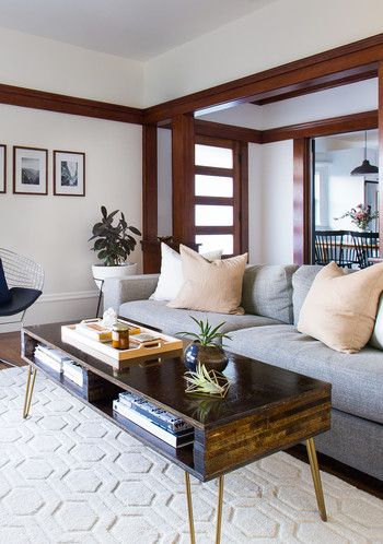 A 1900's Craftsman Home Gets a Happy Modern Makeover | Martha Stewart Modern Mission Style Living Room, Decorating A 1900's Home, Modern Craftsman Interior Kitchen, Contemporary Craftsman Interior, Upstairs Carpet, Craftsman Style Homes Interior, Craftsman Living Rooms, Craftsman Interior Design, Craftsman Living Room