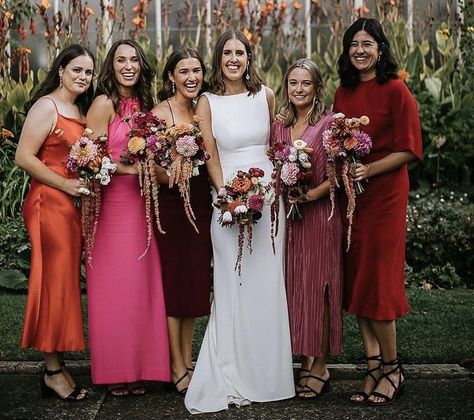 Fall Tone Bridesmaid Dresses, Mismatched Bridesmaid Dresses Spring, Raspberry Bridesmaid Dresses, Bridesmaid Dresses Different Colors, Bridesmaid Suits, Summer Weddings Bridesmaids, Patterned Bridesmaid Dresses, Spring Bridesmaid Dresses, Wedding Color Pallet