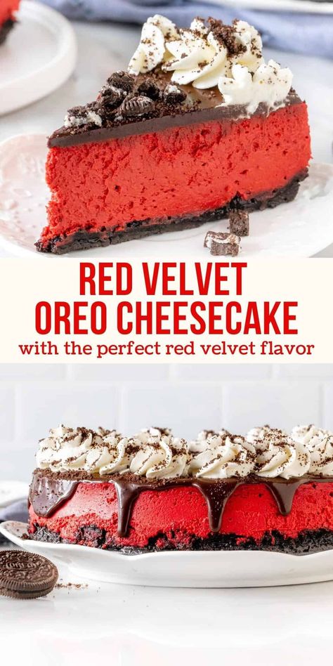 This decadent Red Velvet Oreo Cheesecake has a perfectly creamy red velvet flavor with a silky smooth texture and beautiful red color. It has a thick Oreo crust with even more Oreos on top for the ultimate flavor combo! #redvelvet #oreo #cheesecake #dessert #valentinesday #valentinestreats #recipe from Just So Tasty Red Velvet Oreo Cheesecake, Cake Chart, Holiday Cheesecake, Red Velvet Desserts, Red Velvet Flavor, Red Velvet Oreo, Inflammation Recipes, Christmas Cheesecake, Velvet Cheesecake