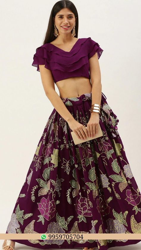 Wine Lehenga, Ruffle Blouse Designs, Latest Lehenga Designs, Lehenga Crop Top, Lehenga Design, Crop Top Lehenga, Crochet Top Outfit, Indian Lehenga Choli, Elegant Wine