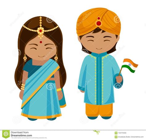 Indians In National Dress With A Flag. Stock Vector - Illustration of journey, clothing: 123770433 Dress Clipart, World Thinking Day, National Clothes, World Party, National Dress, A Flag, World Crafts, Indian Traditional, Traditional Costume