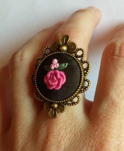 Rose Ring Flower embroidered ring Fabric ring Unique gifts for her Rose Ring Flower, Embroidered Ring, Fabric Ring, Cocktail Attire Men, Pink Flower Bouquet, Beaded Banners, Pola Bordir, Cocktail Dress Wedding, Ring Flower