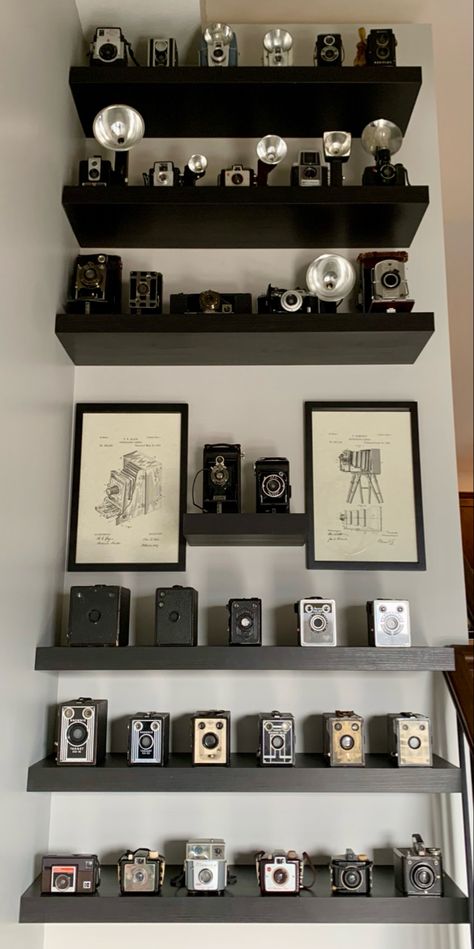 Old Camera Display Shelf, Film Camera Display, Camera Display Ideas, Camera Collection Display, Polaroid Display Ideas, Antique Camera Decor, Photography Room Ideas, Antique Camera Display, Vintage Camera Display