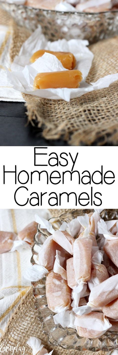 These Easy Homemade Caramels are soft and chewy, and ready to indulge in 30 minutes. This makes an excellent gift or to keep for yourself!﻿ | EverydayMadeFresh.com Caramel Candy Recipe, Homemade Caramel Candy, Caramel Candies Recipe, Homemade Caramel Recipes, Homemade Caramels, Best Food Gifts, Old Fashioned Candy, Candy Recipe, Soft Caramel