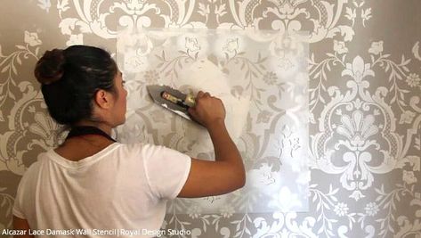 How to Stencil DIY Embossed Wall Designs with Joint Compound Plaster – Royal Design Studio Stencils Plaster Caster, Plaster Decor, Stenciled Wall Decor, Damask Wall Stencils, Faux Wall, Embossed Wall, Damask Wall, Accent Wall Stencil, Royal Design Studio Stencil