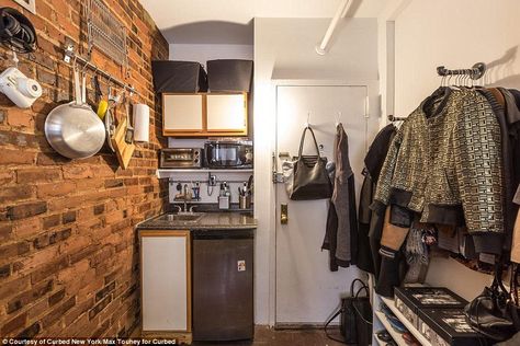 Steal: The small space costs just $750 a month - which is extremely low compared to the $3,200 median rent for the neighborhood Nyc Micro Apartment, Tiny City Apartment, Tiny Apartment Interior Design, Tiny Apartment Interior, Office Nyc, Apartment Therapy Living Room, West Village Apartment, Rv Bedroom, Micro Apartment