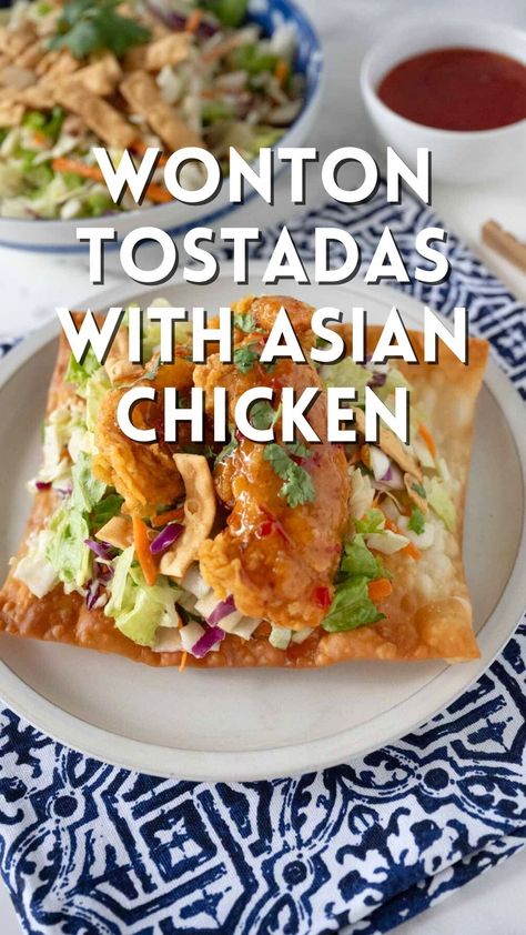 Wonton Tostadas with Asian Chicken is a tostada made from wonton and stuffed with a crispy fresh Asian salad and glazed chicken tenders. Asian meets Mexican in a delightful flavor fusion that is fun and family friendly, and made quick and easy! Asian Inspired Dinner Recipes, Asian Wonton Tacos, Fun Easy Dinner Ideas For Family, Asian Fusion Tacos, Ground Chicken Wonton Recipes, Fusion Dinner Recipes, Recipes With Fresh Ingredients, Asian Chicken Sandwich, Mexican Asian Fusion Food