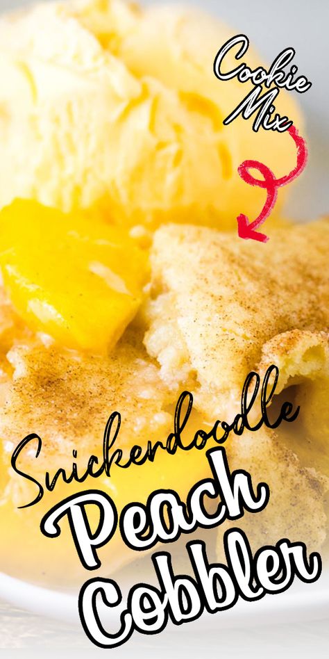 With just a few fresh peaches and a bag of snickerdoodle cookie mix you can make the best sugar cookie peach cobbler! It's so easy to make and perfect with a scoop of vanilla ice cream! #peachcobbler #snickerdoodles #summerrecipe #dessertrecipe #summerdessert Can Peach Cobbler, Canned Peach Cobbler Recipe, Snickerdoodle Cookies Easy, Easy Peach Cobbler Recipe, Cobbler Easy, Frozen Peaches, Homemade Strawberry Sauce, Snickerdoodle Cookie, Sugar Cookie Mix