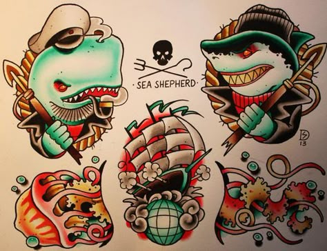 Sebastian domaschke sea shepherd tattoo flash: Flash Doodles, Traditional Tattoo Animals, Traditional Shark Tattoo, Shepherd Tattoo, Sailor Jerry Tattoo Flash, Traditional Tattoo Old School, Sailor Jerry Tattoos, Traditional Style Tattoo, Sea Shepherd