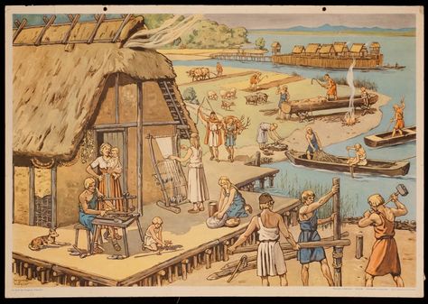 Village in the Young Stone Age-The picture shows life and culture around 4000 to 2000 B.C. in the south-western part of Germany: In the foreground a big house of wood and clay with a thatched roof is depicted. It is built on piles close to the lake (the Lake Constance). In the background you can see a further lake-dwelling settlement which is only accessible by a narrow bridge. Neolithic Revolution, A Big House, Combine Pictures, Ancient World History, Lake Constance, Germanic Tribes, Early Humans, Adventure Of The Seas, Thatched Roof