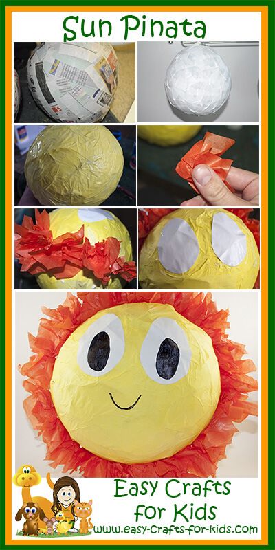 Summer Crafts Kids and Summer Pinata Fun! Sun Pinata Diy, Sun Paper Mache, Diy Piñata Ideas, Summer Pinata, Easy Kids Crafts Summer, Sun Pinata, Paper Mache Sun, Party Crafts For Kids, Contact Paper Crafts