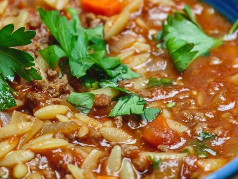 Beef Orzo Soup, Hamburg Soup Recipes, Beef Orzo, Beef Samosa Recipe, Meat Soup, Orzo Soup Recipes, Steak Soup, Carrots And Celery, Beef Soup Recipes