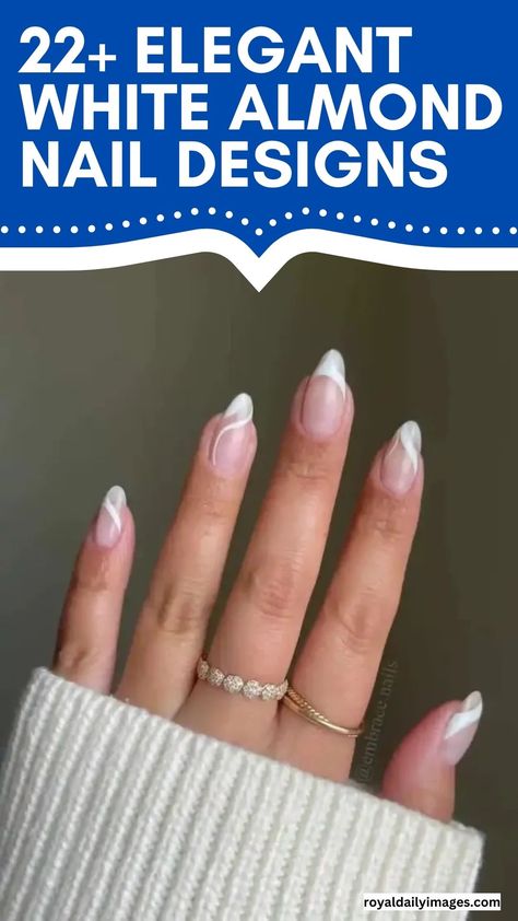 Elegant White Almond Nail Designs White Almond Nails With Design On Ring Finger, White Acyrilics Nails Almond, White Holiday Nails Almond, White Tip Acrylic Nails Almond, White Almond Nails Designs, Wedding Nails Almond Shape, White Almond Nail Designs, Natural Almond Nails, White Tip Acrylic Nails