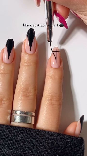 Witchy Simple Nails, French Nails Autumn Style, Chic Oval Nails, Natural Nails Black Design, Black Abstract Nail Designs, Black Nail Designs Moon, Tipped Nail Designs, Black Abstract Nail Art, Numbers On Nails Design