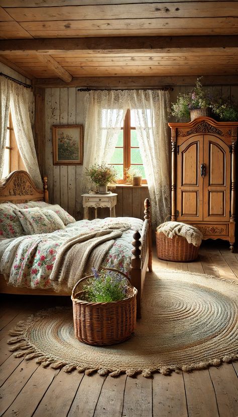 🌾 21 Dreamy Farmhouse Bedroom Decorating Ideas You Can't Resist! 🌾 Small Bedroom With Armoire, Vintage Wooden Bed Frame, Antique Wooden Bed, Vintage Decor Bedroom, Rustic Wooden Bed, Wooden Bed Frame Rustic, Reclaimed Wood Bed Frame, Cozy Farmhouse Bedroom, Farm Dream