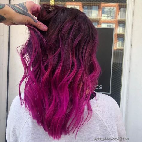 Red To Pink Balayage, Brown And Magenta Hair, Brown Roots Pink Hair, Lavender And Blonde Hair, Fuschia Hair, Magenta Hair Colors, Pink Hair Highlights, Dark Pink Hair, Pink And Black Hair