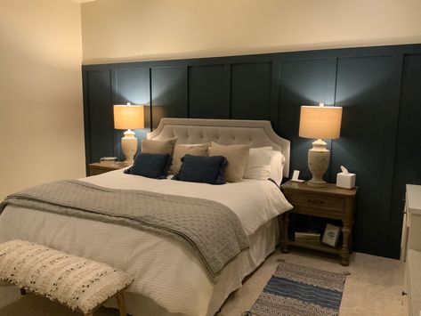 Navy Board And Batten Wall Bedroom, Half Wall Board And Batten Bedroom, Arizona House, Navy Walls, Headboard Wall, Guest Room Decor, Accent Wall Bedroom, Board And Batten, Spare Bedroom