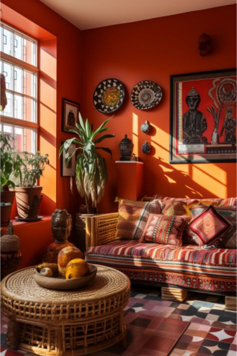 Orange And Maroon Living Room Decor, Dark Orange Living Room Walls, Living Room Orange Walls, Dark Orange Room, Orange Walls Living Room, Orange Feature Wall, Vibey Decor, Orange Living Room, Calm Room