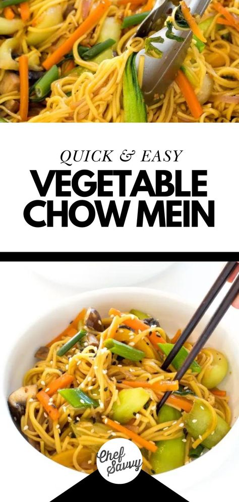 Craving Chinese takeout? Save this Best Easy Homemade Copycat Vegetable Chow Mein Recipe! Loaded with vegetables, like Bok Choy, and tons of flavor, this Vegetable Chow Mein is just like take-out but much healthier! Ready in just minutes, this is a perfect quick and easy healthy stir-fry recipe for busy weeknights and a great way to clear out the fridge. Follow Chef Savvy for more Pasta & Noodles recipes! Pasta Noodles Recipes, Vegetable Chow Mein Recipe, Healthy Chow Mein Recipe, Easy Chow Mein Recipe, Chow Mein Recipe Vegetable, Stir Fry Recipes Healthy, Vegetable Chow Mein, Chef Savvy, Easy Stir Fry Recipes