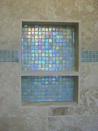 Tile Shower Niche, Mermaid Bathroom, Shower Niche, Upstairs Bathrooms, Girls Bathroom, Glass Tiles, Dream Bathroom, Bathroom Tile, Bath Remodel