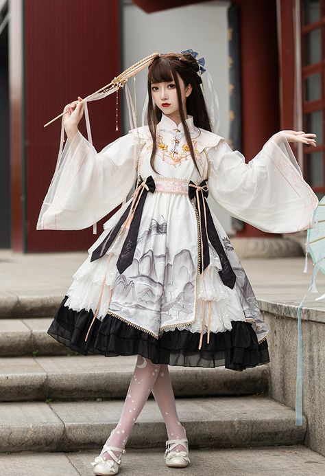 Black And White Chinoiserie, Bandana Hairstyles For Long Hair, Mode Kimono, Op Dress, Lolita Outfits, Japanese Patterns, Indie Brands, Dress Set, Lolita Dress