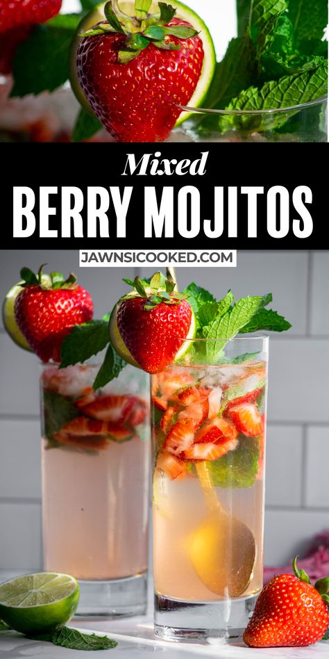 This Raspberry & Strawberry Mojito Cocktail is an easy mixed berry mojito you can make in minutes! With fresh berries, mint, simple syrup, and raspberry rum. Top them off with crushed ice and bubbly club soda for a refreshing summer cocktail that's easy to whip up for a guests (or yourself)! Berry Mojito Recipe, Berry Mojito, Summertime Cocktail, Raspberry Mojito, Summer Bbq Recipes, Flavored Rum, Mint Simple Syrup, Strawberry Mojito, Simple Syrup Recipes