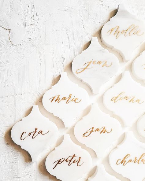 Tile Place Cards, Marble Tables Living Room, Signage Ideas, Lantern Tile, Calligraphy Inspiration, Marble Square, White Marble Tiles, Inanimate Objects, Bride Accessories