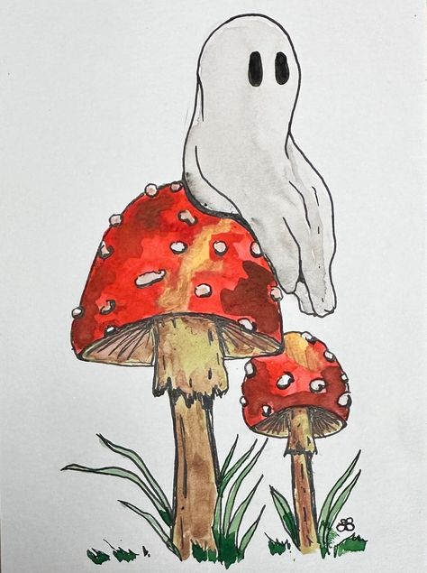 Ghost Watercolor, Ghost Sitting, Painting With Watercolors, Ghost Ghost, Mushroom Paint, Ace Of Hearts, Mushroom Art, A Ghost, The Ghost