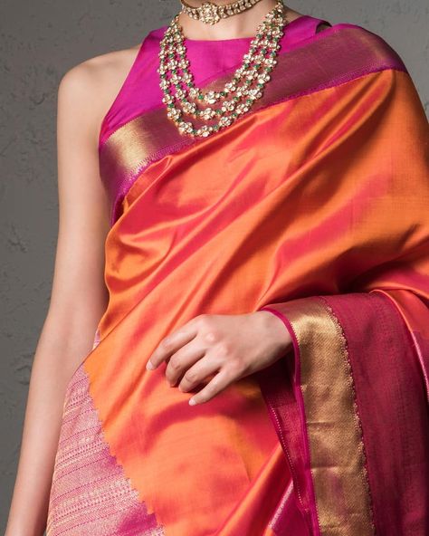 Angadi Silk Sarees, South Indian Wedding Saree, Kanjivaram Sarees Silk, Desi Wedding Dresses, Orange Saree, Fashionable Saree Blouse Designs, Sarees Silk, New Blouse Designs, Half Saree Designs