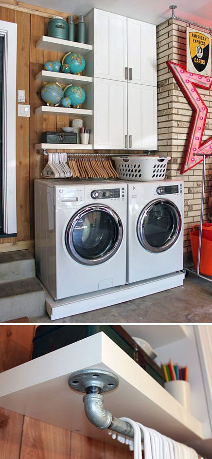 Brilliant Ideas to Save Space in the Laundry Room | TipHero Garage Laundry Rooms, Laundry Room/mud Room, Room Storage Diy, Bilik Air, Garage Laundry, Laundry Room Shelves, Laundry Closet, Laundry Area, Small Laundry Rooms