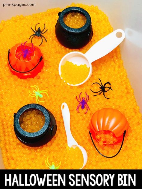 Halloween Sensory Bin for Preschool - Pre-K Pages Mickey Mouse Sensory Bin, Halloween Sensory Bin, Halloween Theme Preschool, Kindergarten October, October Themes, Spider Rings, Pre K Classroom, October Lessons, Sensory Tables