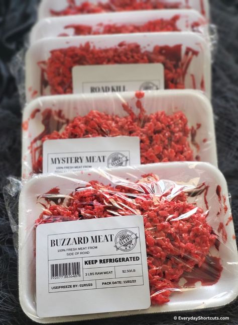 Raw Meat Rice Krispies Halloween Treats Qtip Halloween Treats, Ground Beef Rice Krispie Halloween, Fake Meat Rice Krispies, Road Kill Rice Krispie Labels, Meat Rice Crispies, Rice Crispy Meat Halloween, Halloween Raw Meat, Halloween Chop Shop Ideas, Mystery Meat Rice Krispies