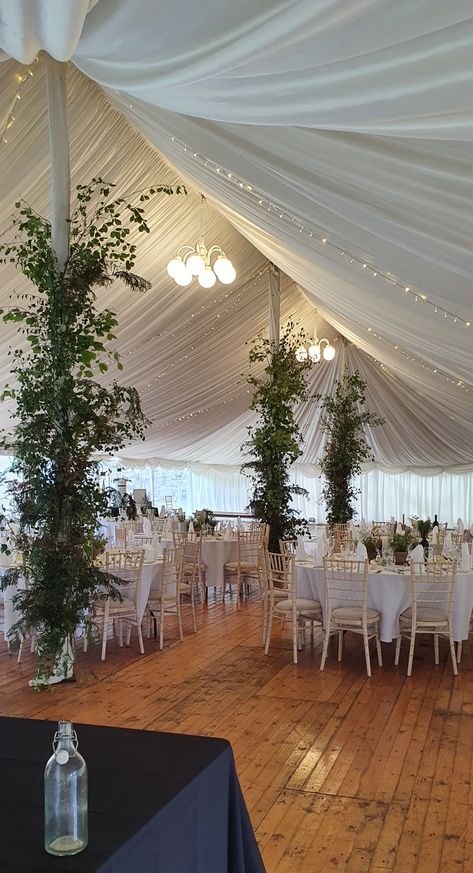 Marquee Installation // locally grown greenery attached to the marquee poles Marquee Pole Decoration, Diy Wedding Marquee, Marquee Interior, Marquee Flowers, Marquee Wedding Decoration, Marquee Decor, Marquee Party, Marquee Decoration, Diy Drapes