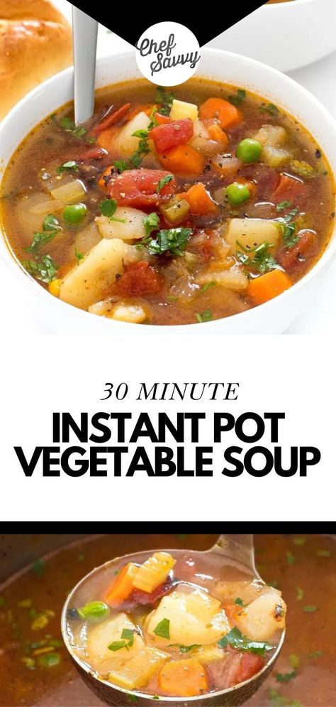 Save this quick & easy Healthy Instant Pot Vegetable Soup! Chef Savvy's Low Carb Vegetable Soup is a breeze to make and packed with that cooked-all-day flavor we all love in soups, but without the hassle of having to cook it all day. You can make this in just 15 minutes! Follow Chef Savvy for more instant pot recipes! Vegan Vegetable Soup Recipes, Crockpot Vegetable Beef Soup, Instant Pot Vegetable Soup, Soup And Stew Recipes, Low Carb Vegetable Soup, Vegan Vegetable Soup, Best Easy Dinner Recipes, Chef Savvy, Healthy Instant Pot