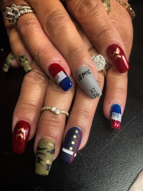 Veterans Day Nail Designs, Marine Corp Nails Designs, Usmc Nails Designs, Marine Corps Ball Nails, Marine Corps Nails Designs, Veterans Day Nails, Marine Nails Designs, Marine Corps Nails, Usmc Nails