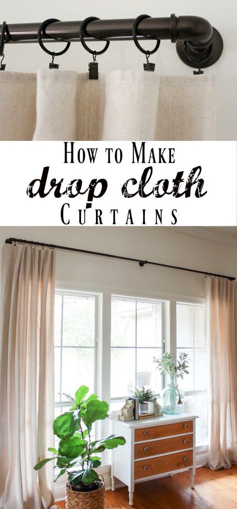 How to make no sew drop cloth curtains to fit any window size. This is a cheap and easy alternative to expensive drapes and window treatments. Cheap Window Treatments, Farmhouse Window Treatments, Cloth Curtains, Curtain Blinds, Diy Window Treatments, Farmhouse Window, No Sew Curtains, Drop Cloth Curtains, Farmhouse Windows