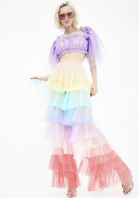 Rainbow Outfit Aesthetic, High Waist Wedding Dress, Tulle Pants, Waist Wedding Dress, Tulle Skirts Outfit, Character Clothing, Fairy Tale Wedding Dress, Metallic Pants, Rainbow Outfit