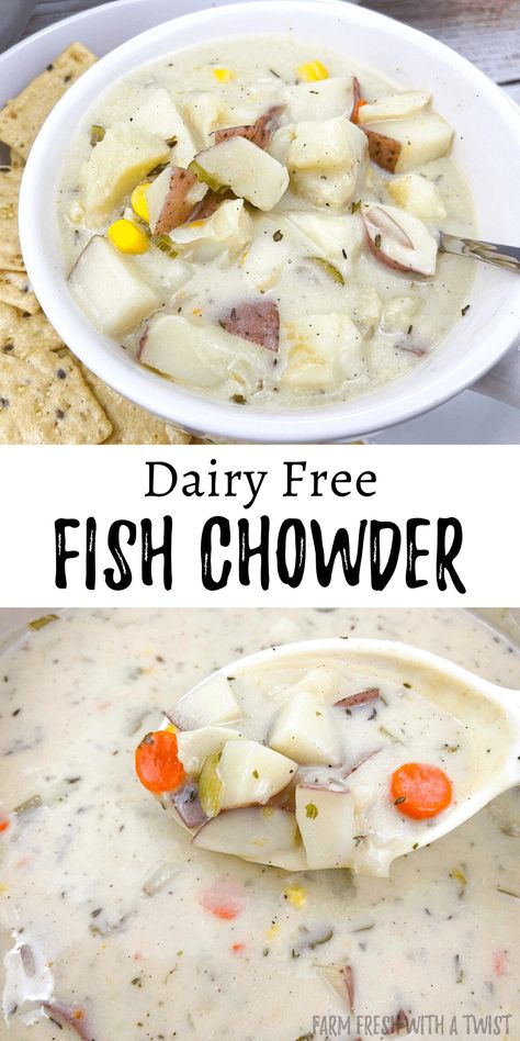 Dairy Free Fish Chowder - Farm Fresh with a Twist Dairy Free Soup Recipe, Soup Recipes Healthy, Seafood Store, Dairy Free Lunch, Creamy Seafood, Light Fish, Fish Chowder, Diet Soup Recipes, Dairy Free Soup