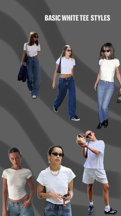 Women with white tee, T-shirt style, basis style guide, casual look inspo Jeans And White Top, Outfit Inspo Basic, Shirt Crop Top, Basic White Tee, Daily Style, Jeans White, Basic Shirts, Basic Outfits, White Tee