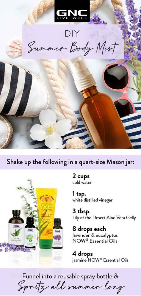 This DIY body mist makes it easy to feel cool and refreshed all year long. It's made with three different essential oils— #lavender, #eucalyptus and #jasmine — and aloe vera gel, which also helps soothe dry, chapped skin. Just mix and spritz. #essentialoils #lavender Diy Body Mist Recipes, Diy Body Mist, Body Mist Diy, Essential Oil Spray Recipes, Aloe Vera Gelly, Essential Oils Lavender, Eo Blends, Now Essential Oils, Homemade Essential Oils