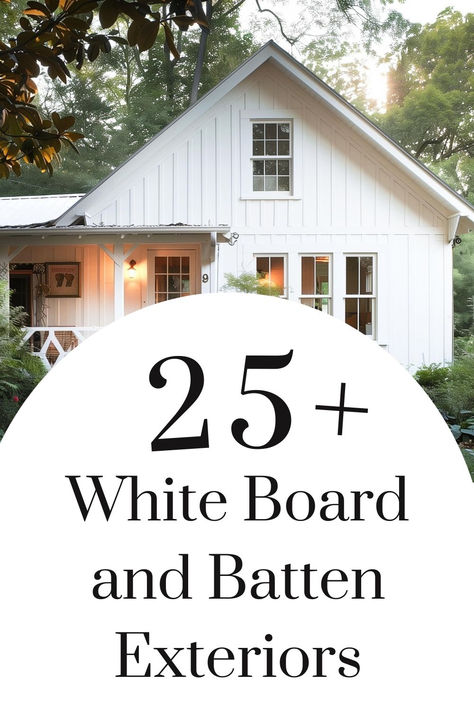 Rustic country home with white board and batten siding and a lush garden. Country House Fence Ideas, Baton Board Exterior, Board And Batten Color Ideas Exterior, Board And Batten Siding Split Level, White Siding Farmhouse, White House White Trim Exterior, White Cottage House Exterior, Board And Batten White House, Modern White Siding Exterior