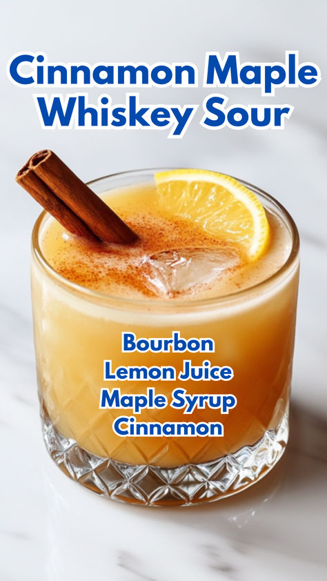 Cinnamon Maple Whiskey Sour Whisky Drinks Whiskey Cocktails, Cinnamon Maple Whiskey Sour, Fall Bourbon Cocktails, Cinnamon Cocktails, Maple Whiskey Sour, Fall Whiskey Cocktails, Moonshine Drink Recipes, Maple Cocktail, Cinnamon Cocktail